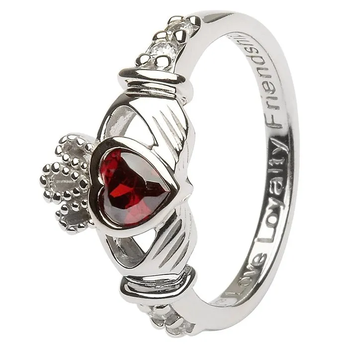 JANUARY Birthstone Silver Claddagh Ring LS-SL90-1 Inscribed with "Love Loyalty Friendship"