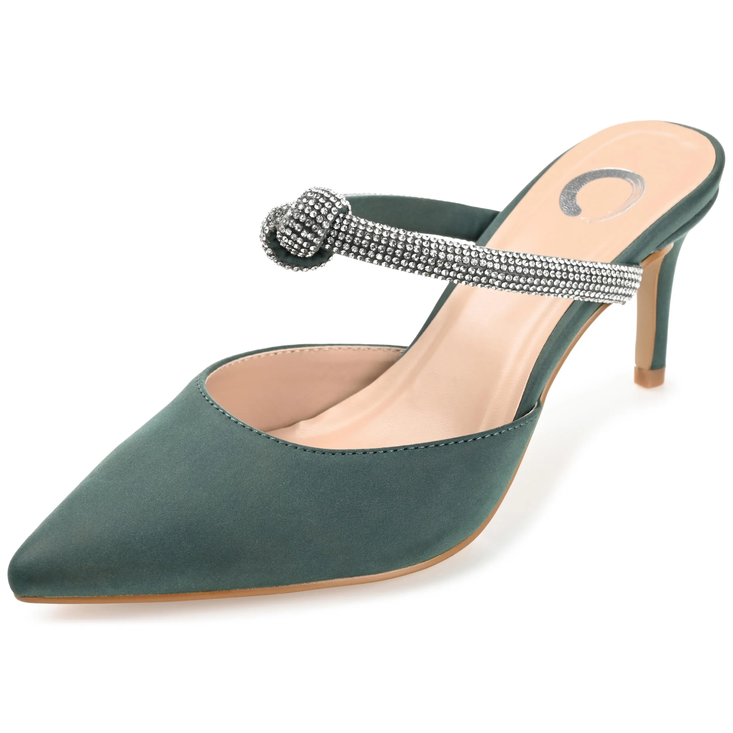 Journee Heeled Mid Stiletto Knotted Rhinestone Mule Pump for Women - Lunna Closed Pointed Toe Slip-On Heel Green 9.5 Medium Womens US