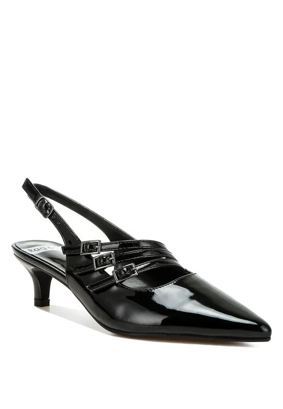 Kanebei Triple Strap Slingback Sandals - Vintage Inspired, Kitten Heel, Black, Taupe