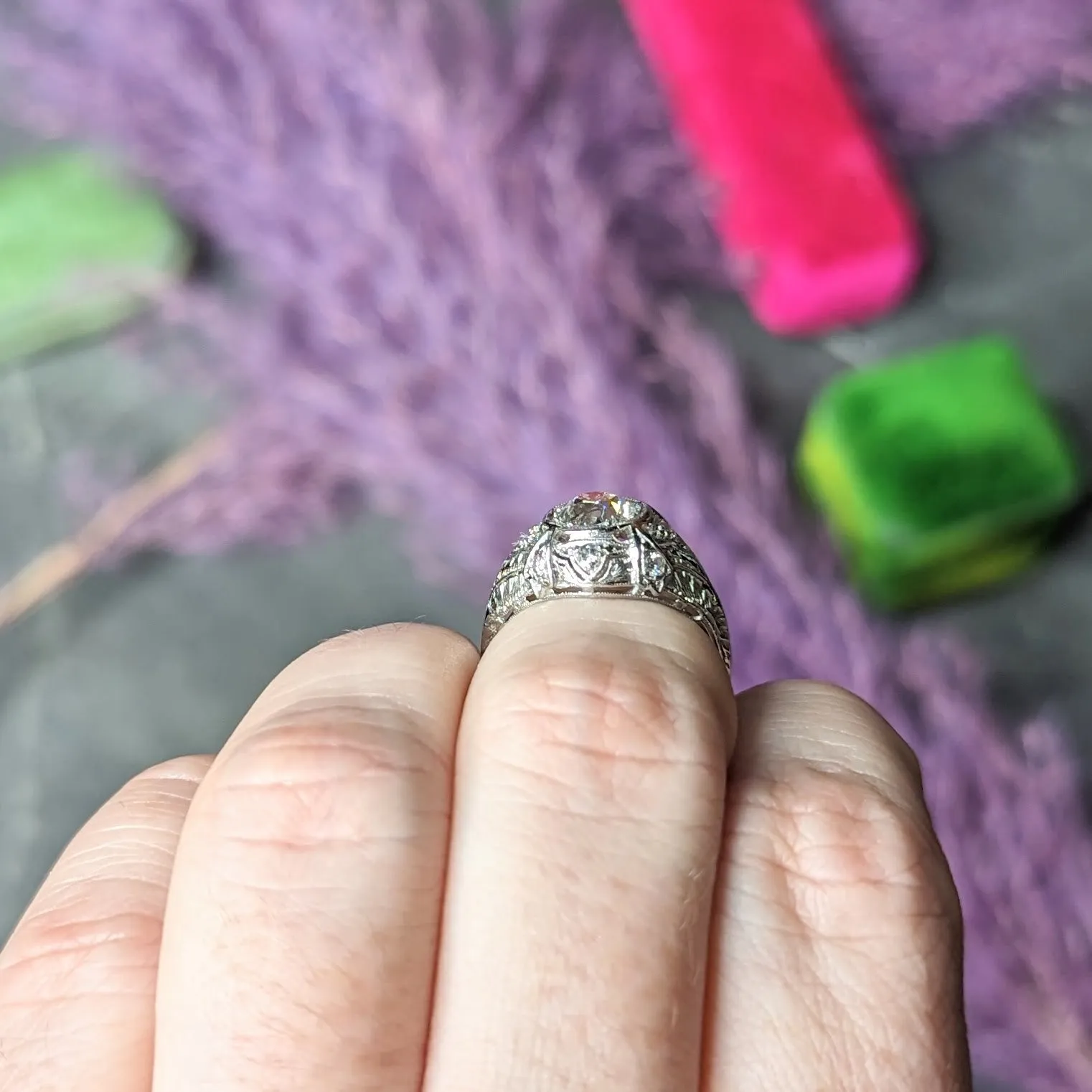 Katz & Ogush Inc. Art Deco 1.15 CTW Old European Cut Diamond Platinum Engraved Foliate Bombé Engagement Ring