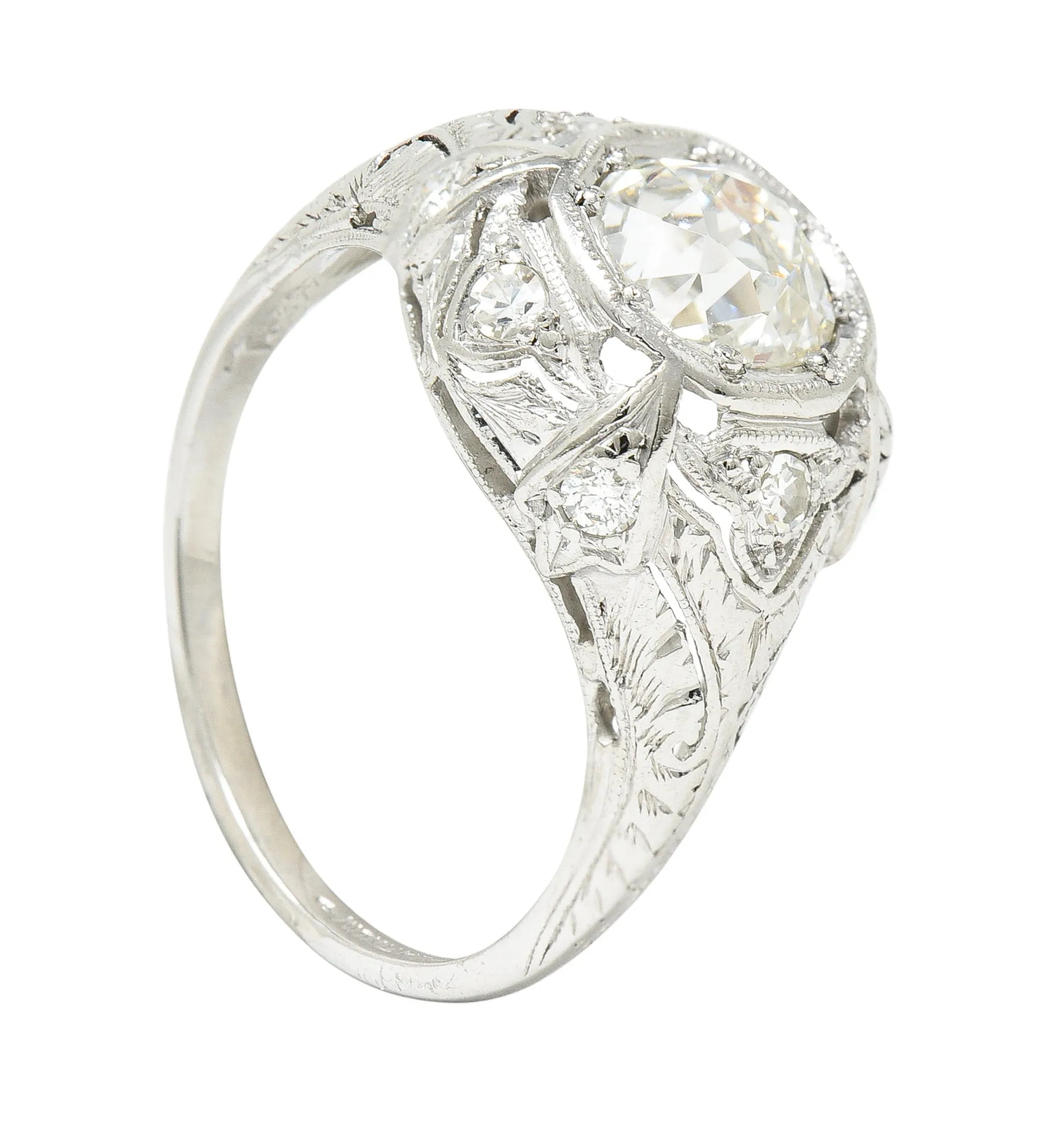 Katz & Ogush Inc. Art Deco 1.15 CTW Old European Cut Diamond Platinum Engraved Foliate Bombé Engagement Ring