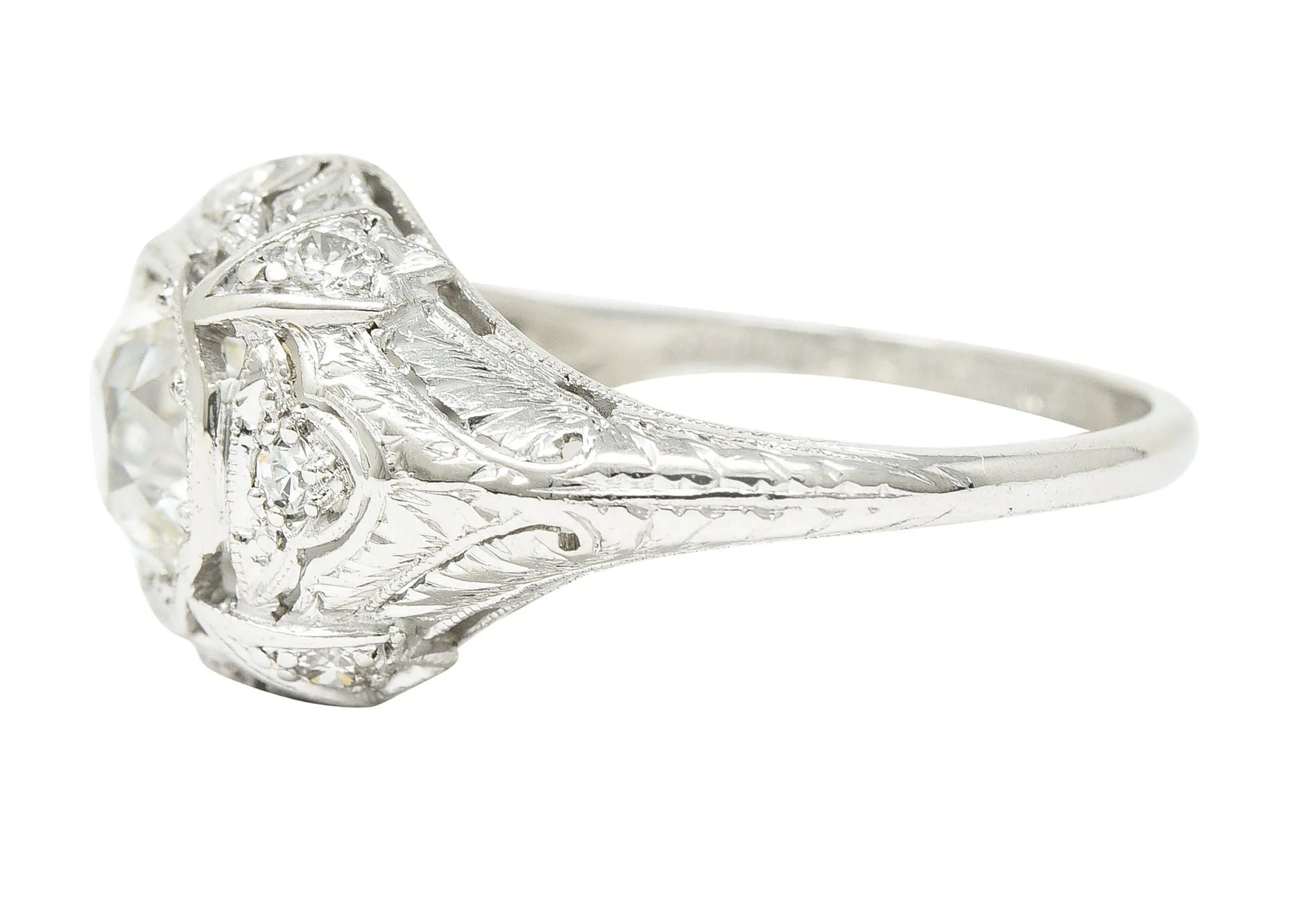 Katz & Ogush Inc. Art Deco 1.15 CTW Old European Cut Diamond Platinum Engraved Foliate Bombé Engagement Ring