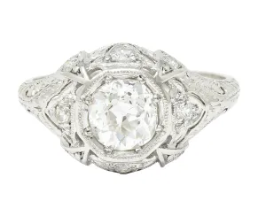 Katz & Ogush Inc. Art Deco 1.15 CTW Old European Cut Diamond Platinum Engraved Foliate Bombé Engagement Ring