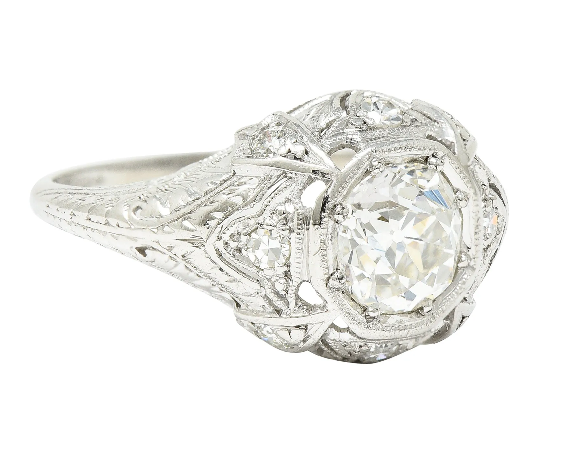 Katz & Ogush Inc. Art Deco 1.15 CTW Old European Cut Diamond Platinum Engraved Foliate Bombé Engagement Ring