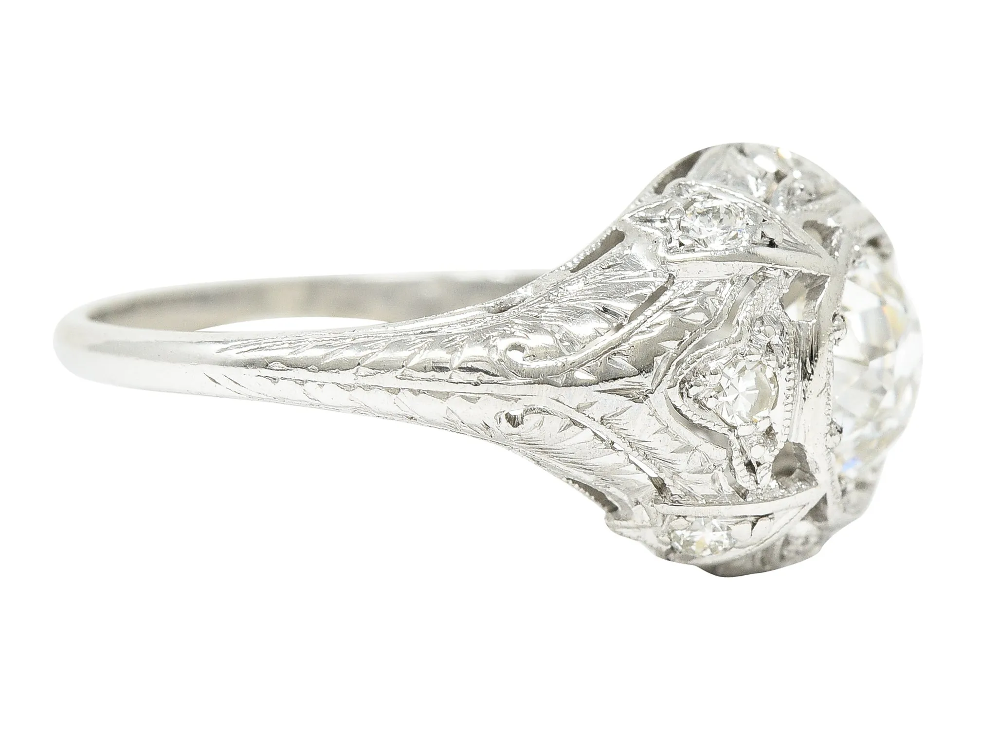 Katz & Ogush Inc. Art Deco 1.15 CTW Old European Cut Diamond Platinum Engraved Foliate Bombé Engagement Ring