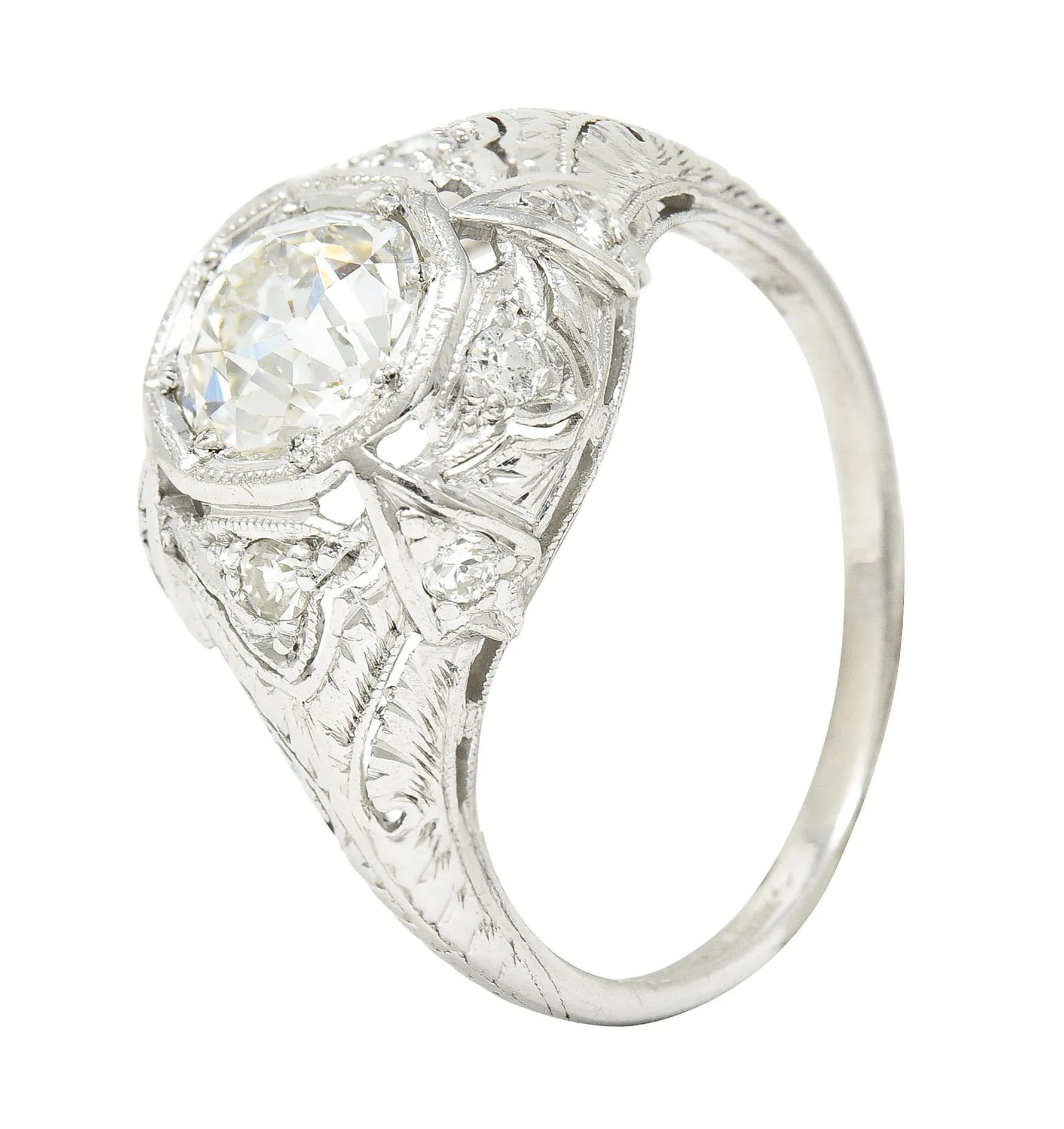 Katz & Ogush Inc. Art Deco 1.15 CTW Old European Cut Diamond Platinum Engraved Foliate Bombé Engagement Ring