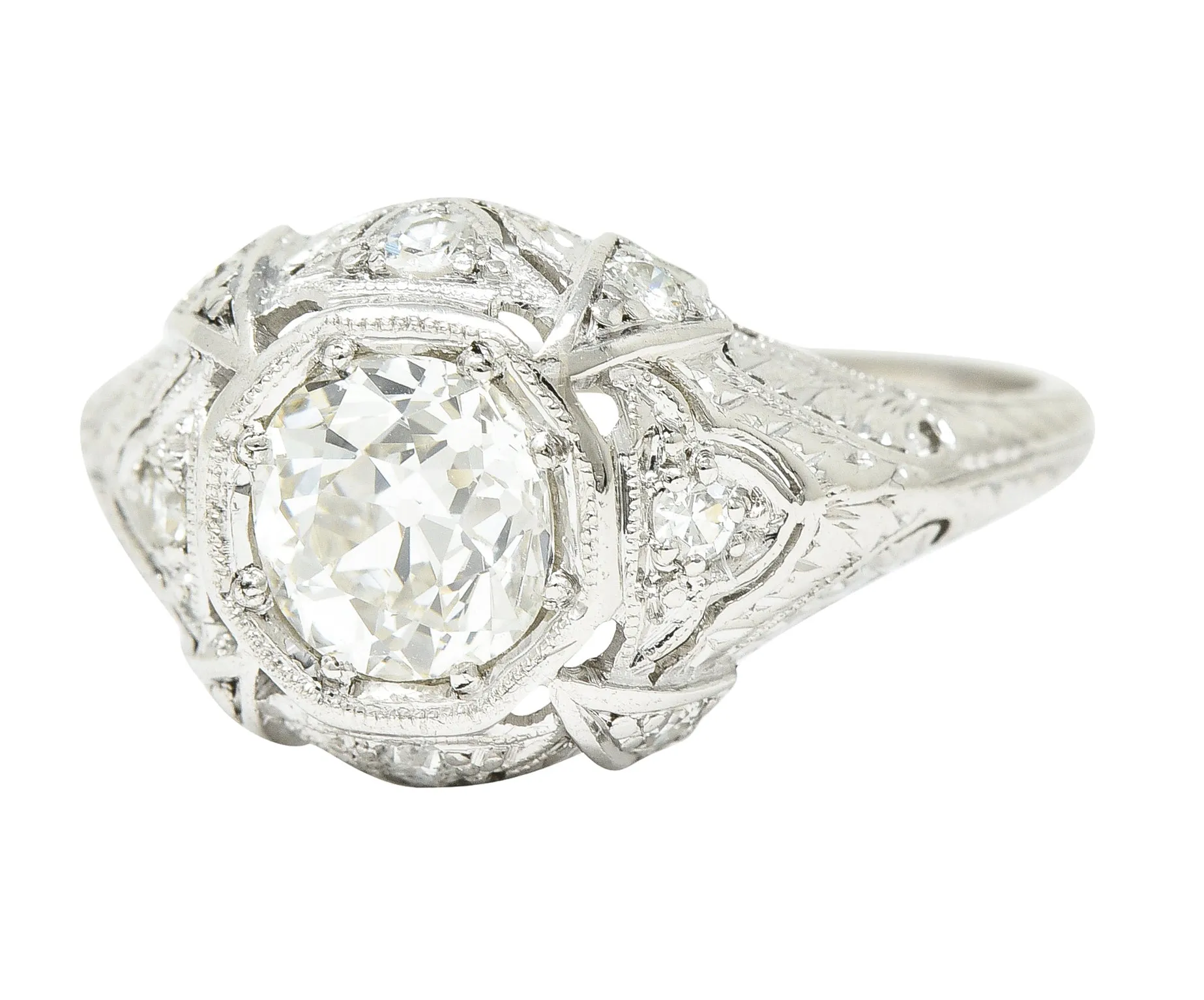 Katz & Ogush Inc. Art Deco 1.15 CTW Old European Cut Diamond Platinum Engraved Foliate Bombé Engagement Ring