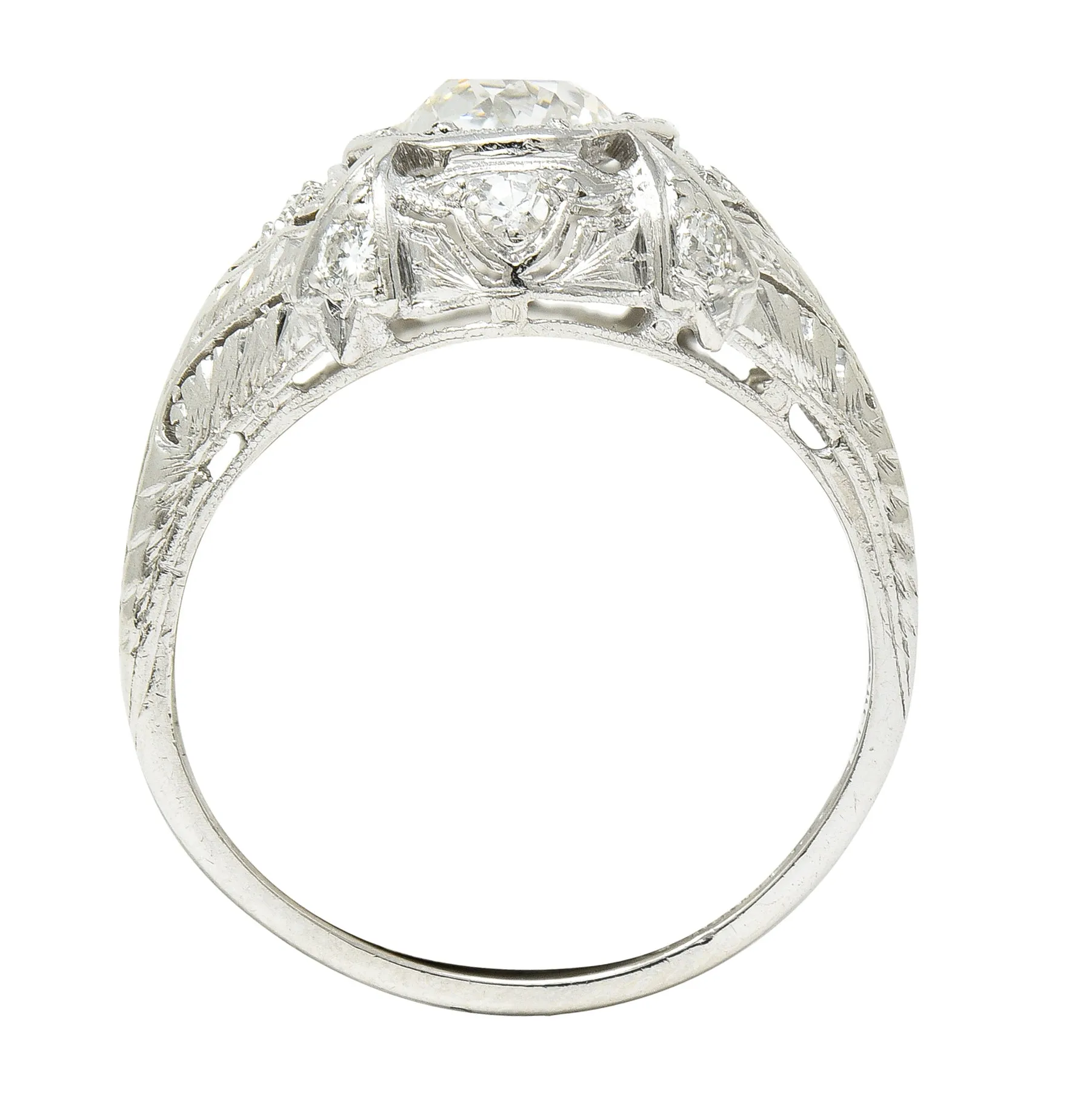 Katz & Ogush Inc. Art Deco 1.15 CTW Old European Cut Diamond Platinum Engraved Foliate Bombé Engagement Ring
