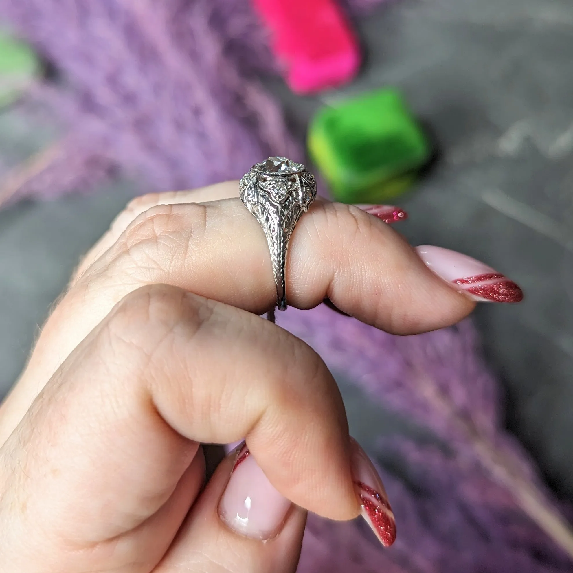 Katz & Ogush Inc. Art Deco 1.15 CTW Old European Cut Diamond Platinum Engraved Foliate Bombé Engagement Ring