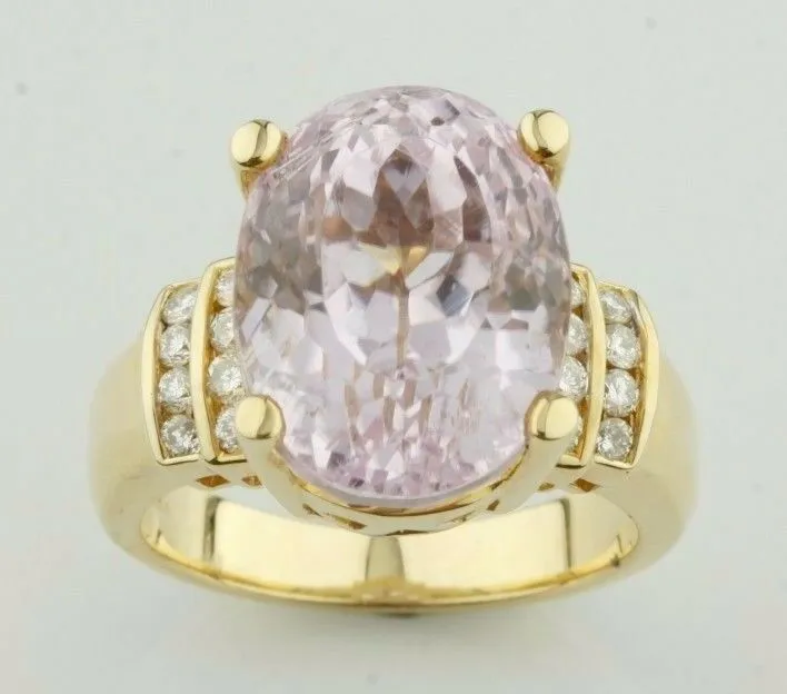Kunzite Solitaire with Diamond Accents 18k Yellow Gold Ring Size 6.75