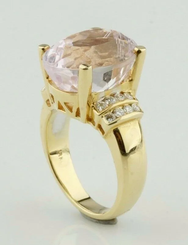 Kunzite Solitaire with Diamond Accents 18k Yellow Gold Ring Size 6.75