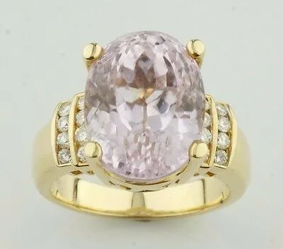 Kunzite Solitaire with Diamond Accents 18k Yellow Gold Ring Size 6.75