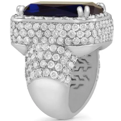 Large Diamond and Gold Men's  Blue Sapphire Ring 18 Ctw
