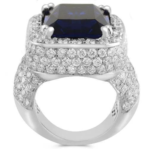 Large Diamond and Gold Men's  Blue Sapphire Ring 18 Ctw