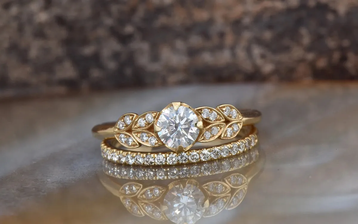 Leaf engagement ring diamond-Art deco wedding set-Diamond leaf ring-Gold Ring -Promise ring-Leaf rings set-Engagement set-Bridal set ring