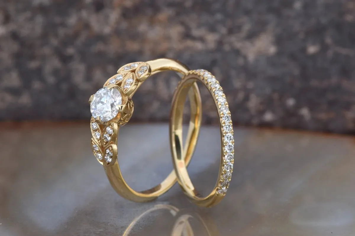 Leaf engagement ring diamond-Art deco wedding set-Diamond leaf ring-Gold Ring -Promise ring-Leaf rings set-Engagement set-Bridal set ring