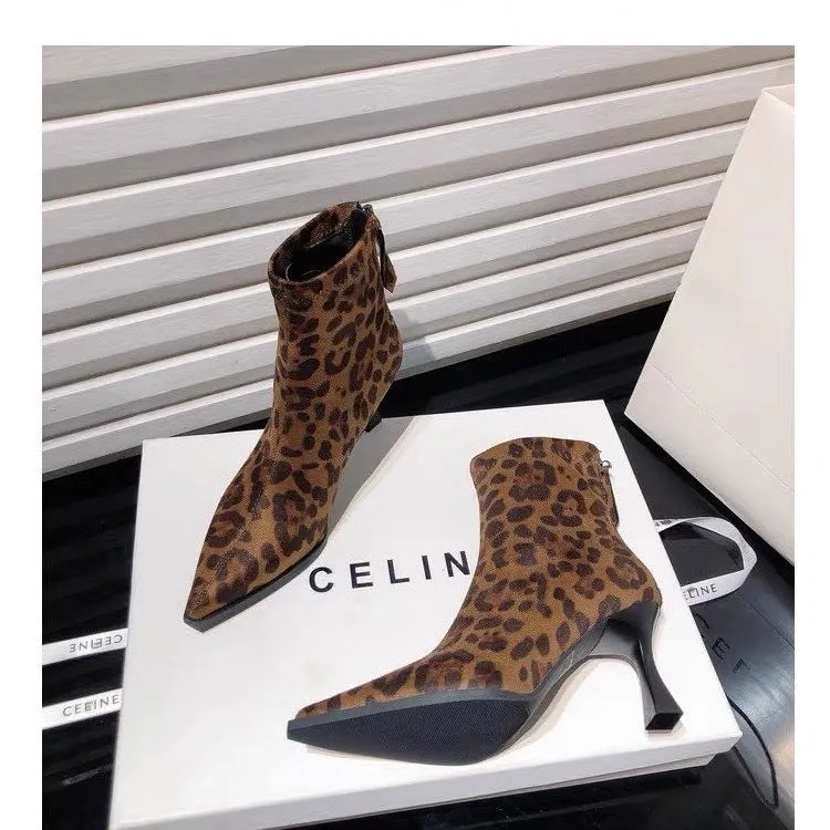 Leopard Pointed Toe Stiletto Heel Ankle Boots For Women