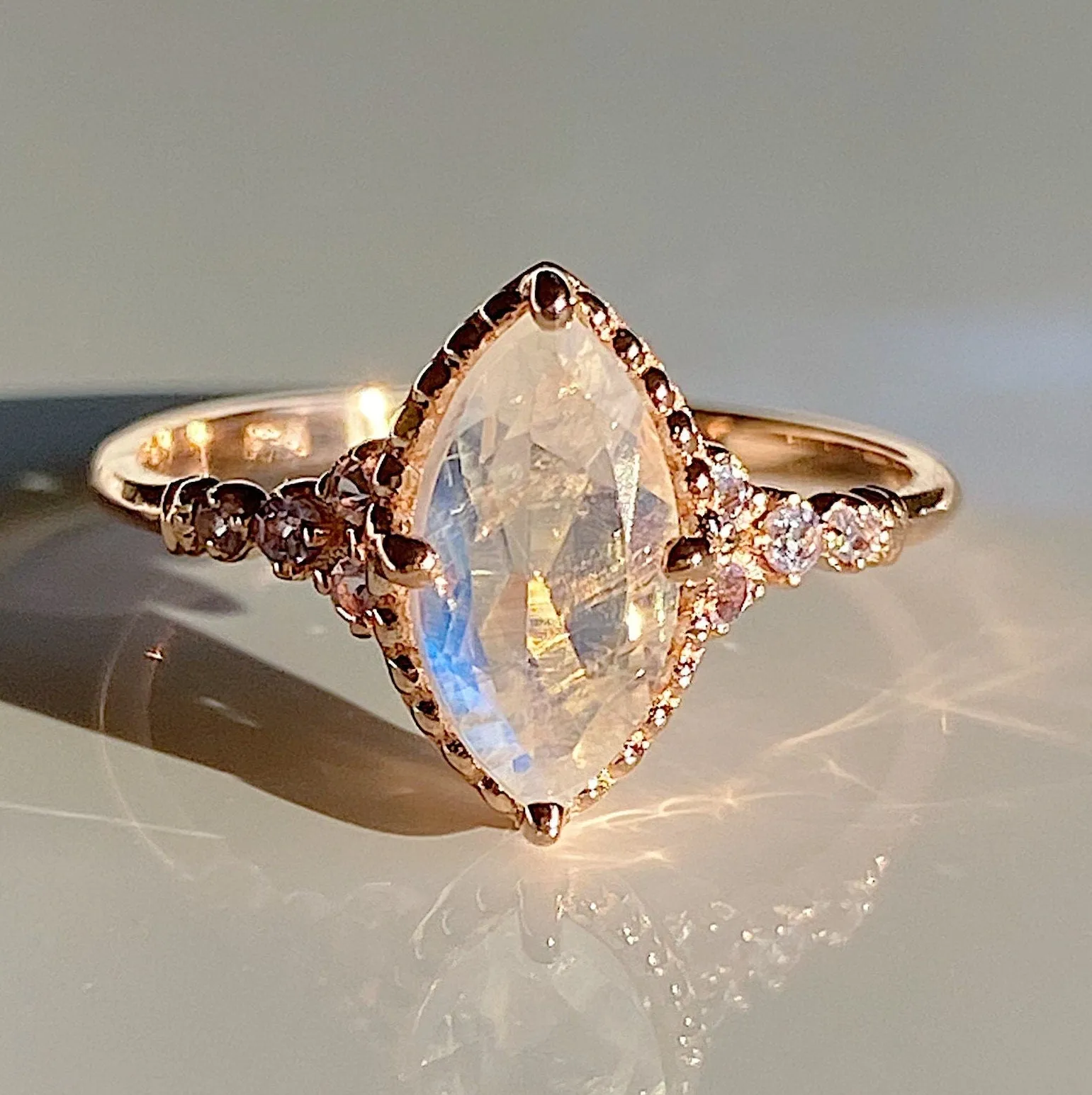 Lovestruck moonstone and tanzanite ring