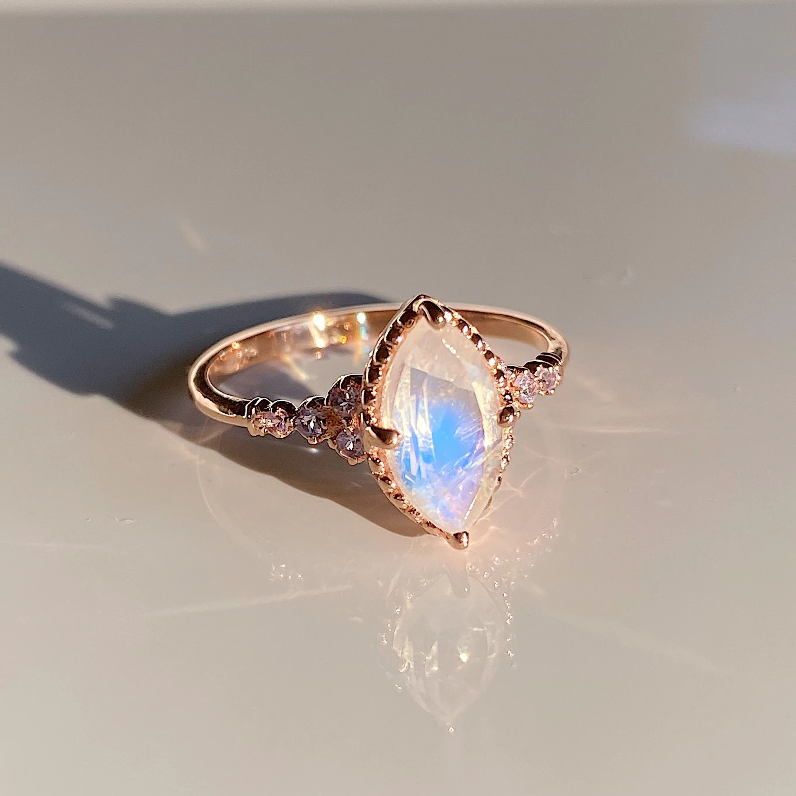 Lovestruck moonstone and tanzanite ring