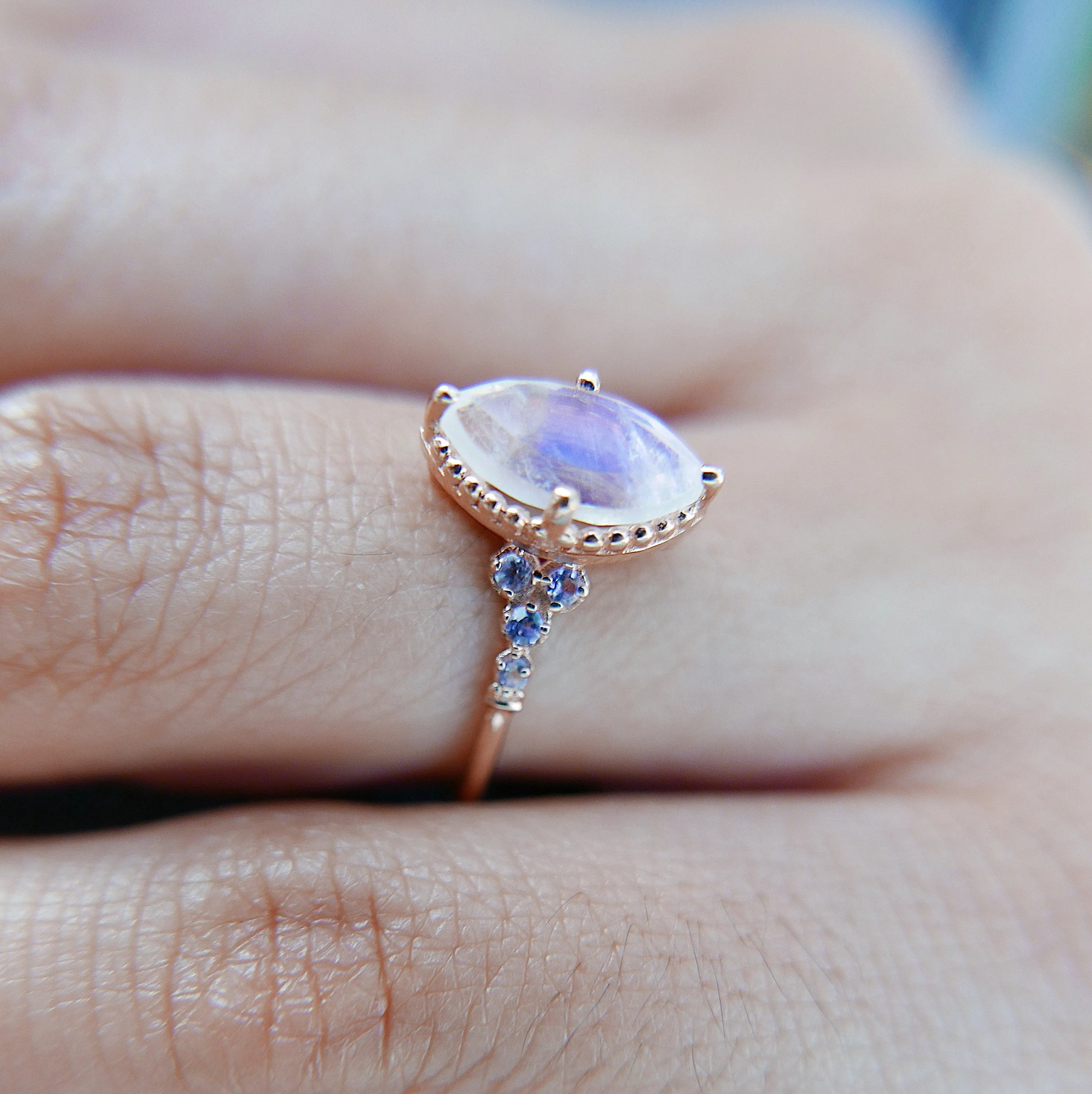 Lovestruck moonstone and tanzanite ring