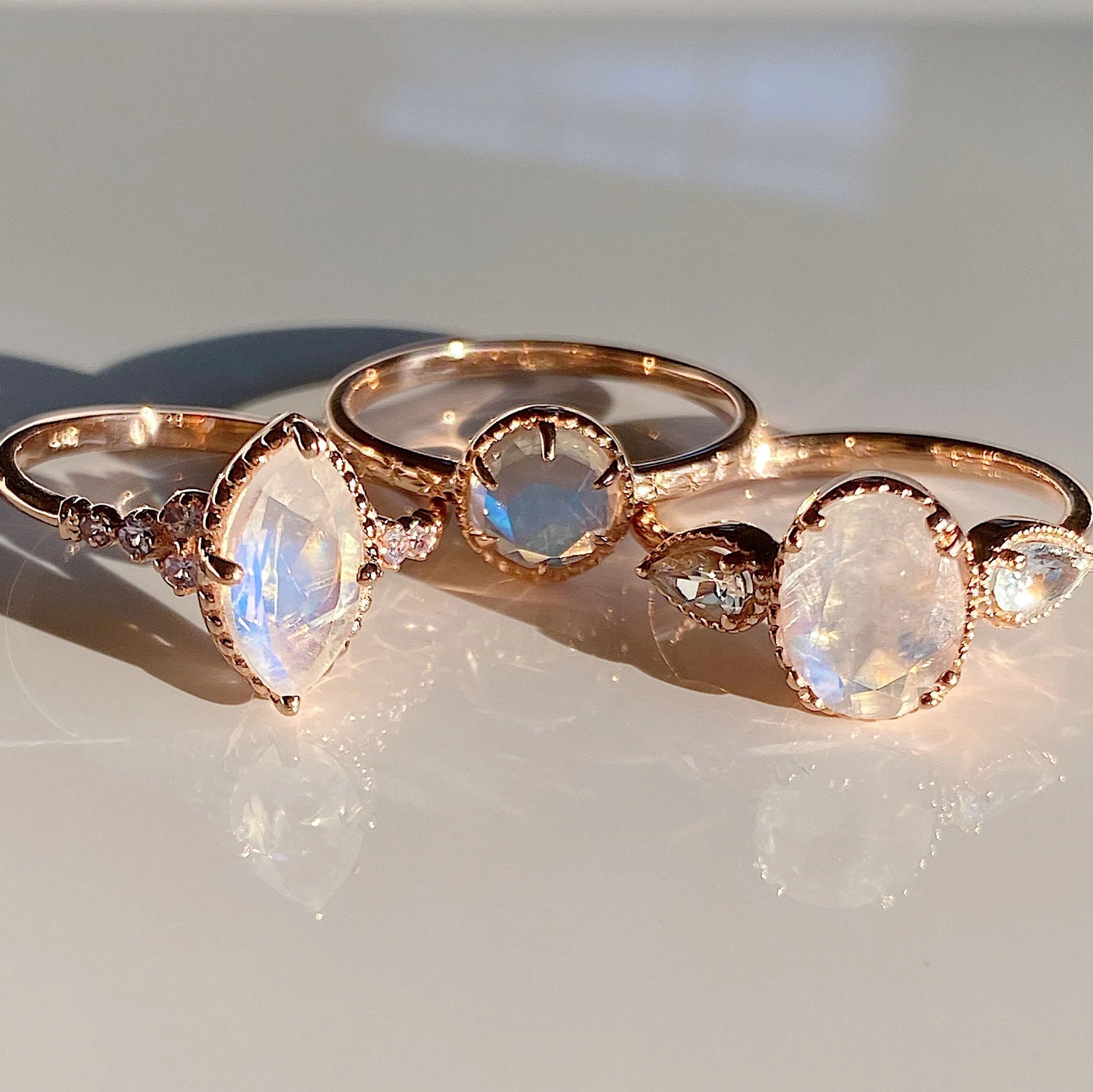 Lovestruck moonstone and tanzanite ring