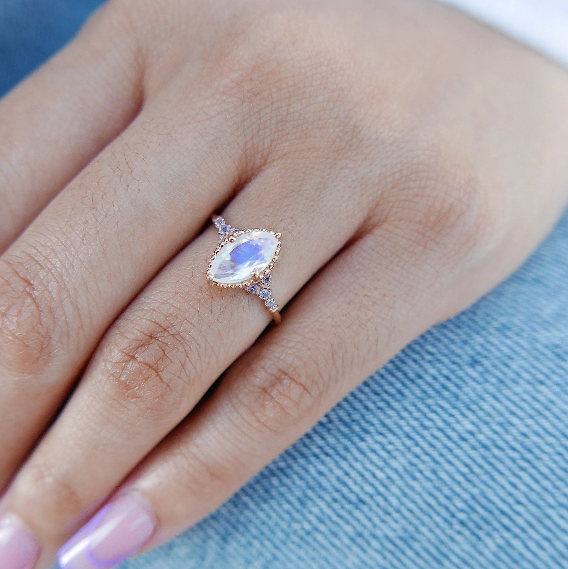 Lovestruck moonstone and tanzanite ring