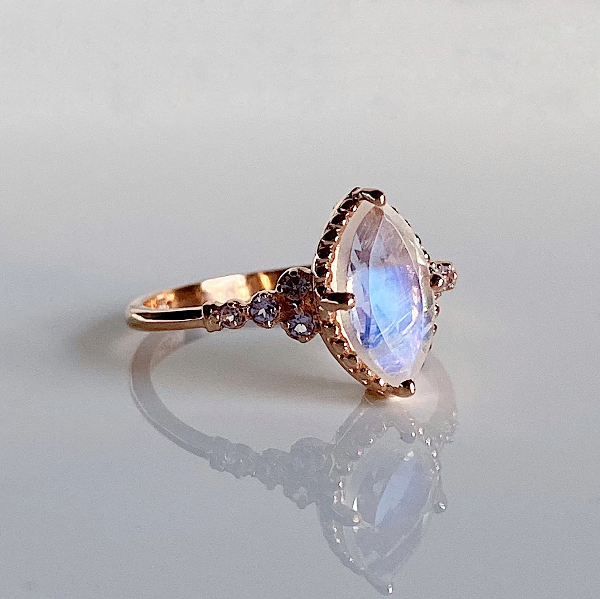 Lovestruck moonstone and tanzanite ring