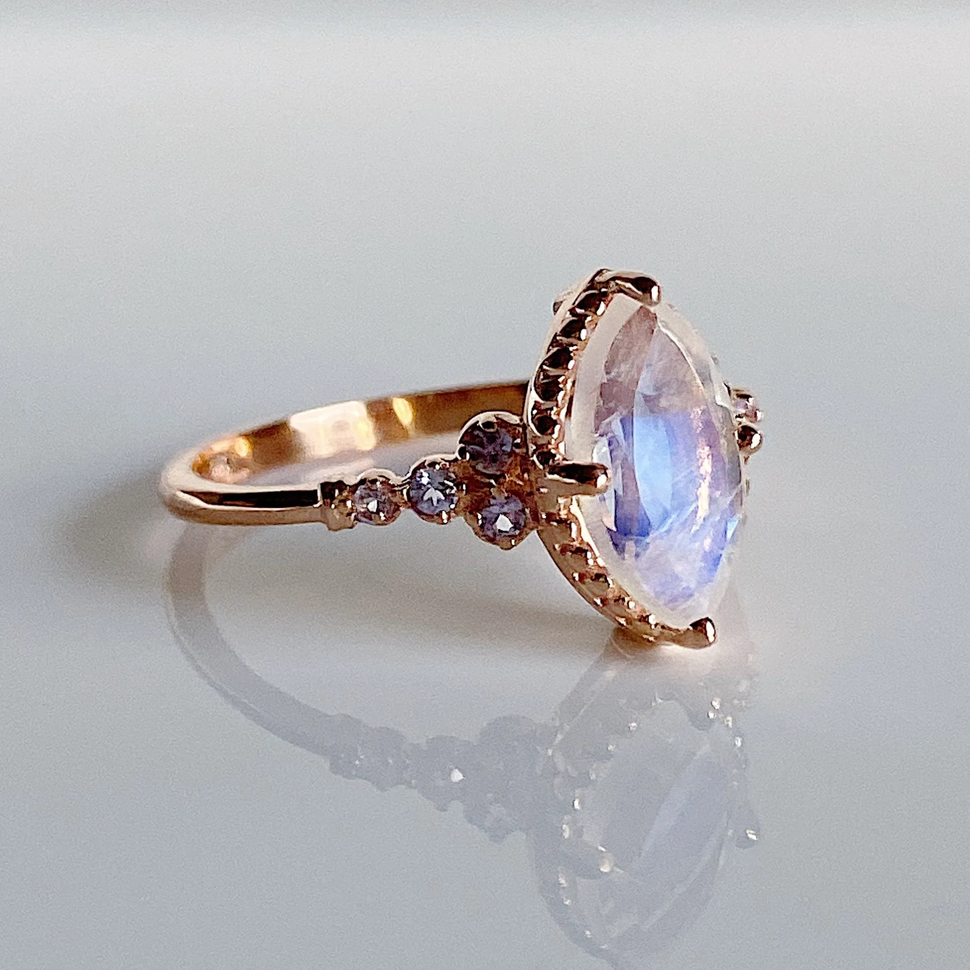 Lovestruck moonstone and tanzanite ring