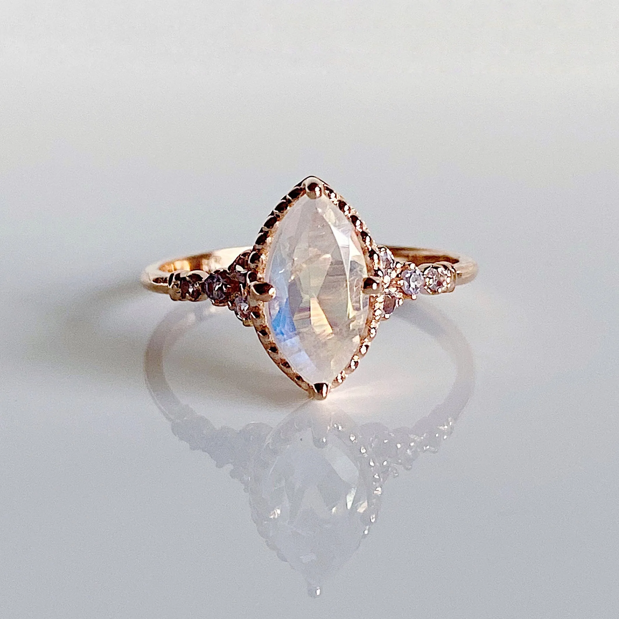 Lovestruck moonstone and tanzanite ring