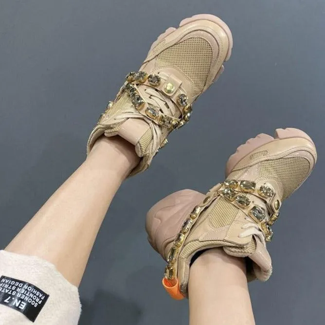 Luxury Rhinestone Genuine Leather Sneakers Women Plush In Non-Slip Dad Shoes Woman Front Lace-Up Outdoor Scarpe