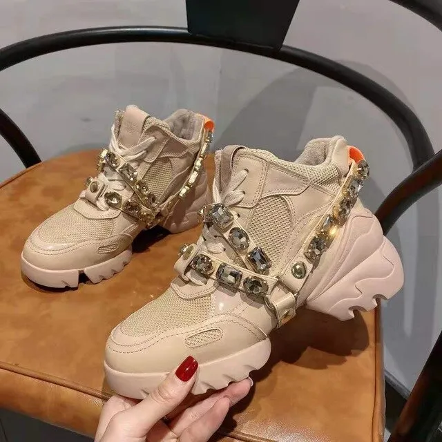 Luxury Rhinestone Genuine Leather Sneakers Women Plush In Non-Slip Dad Shoes Woman Front Lace-Up Outdoor Scarpe
