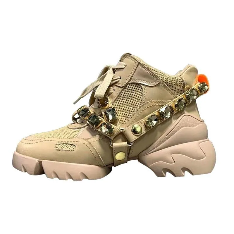 Luxury Rhinestone Genuine Leather Sneakers Women Plush In Non-Slip Dad Shoes Woman Front Lace-Up Outdoor Scarpe