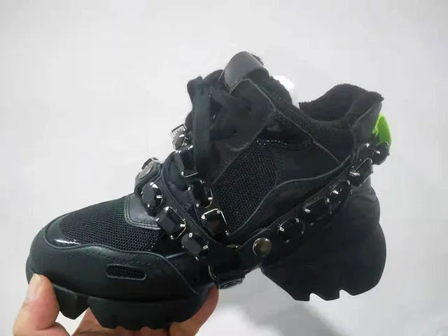 Luxury Rhinestone Genuine Leather Sneakers Women Plush In Non-Slip Dad Shoes Woman Front Lace-Up Outdoor Scarpe