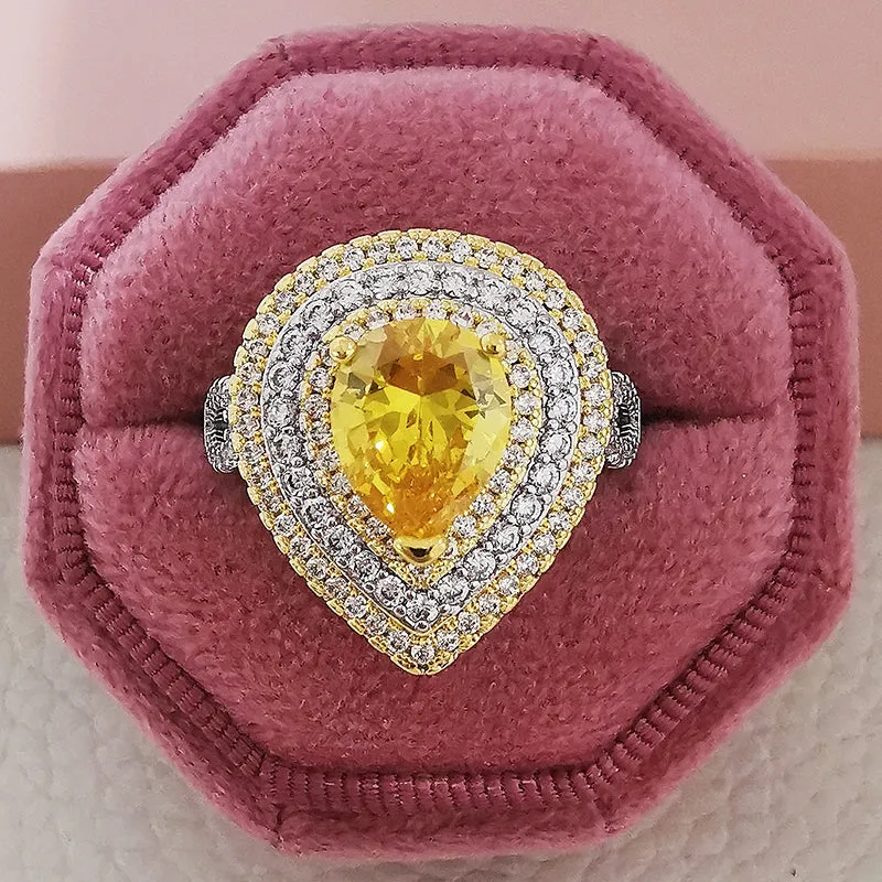 Luxury Yellow Heart Sterling Silver Engagement Ring Women Anniversary Gift