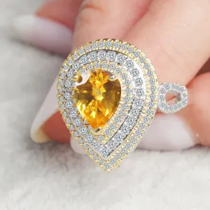 Luxury Yellow Heart Sterling Silver Engagement Ring Women Anniversary Gift