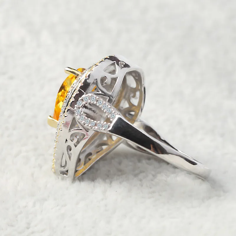 Luxury Yellow Heart Sterling Silver Engagement Ring Women Anniversary Gift