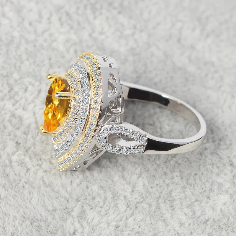 Luxury Yellow Heart Sterling Silver Engagement Ring Women Anniversary Gift