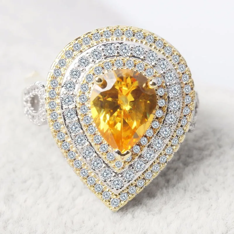 Luxury Yellow Heart Sterling Silver Engagement Ring Women Anniversary Gift