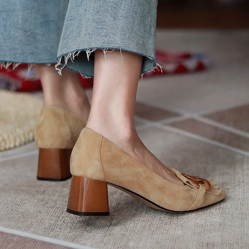 Masie Vintage Fringed Buckle Pumps