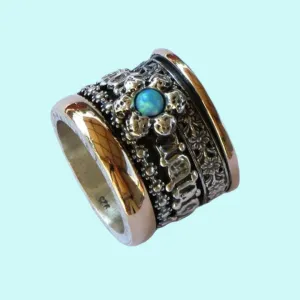 Meditation ring Floral silver 9 carat gold ring