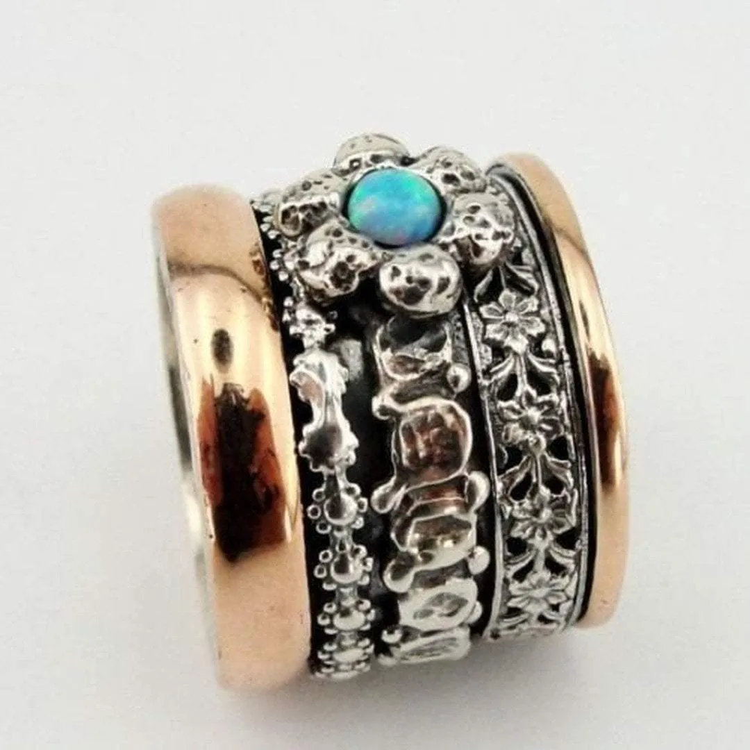 Meditation ring Floral silver 9 carat gold ring