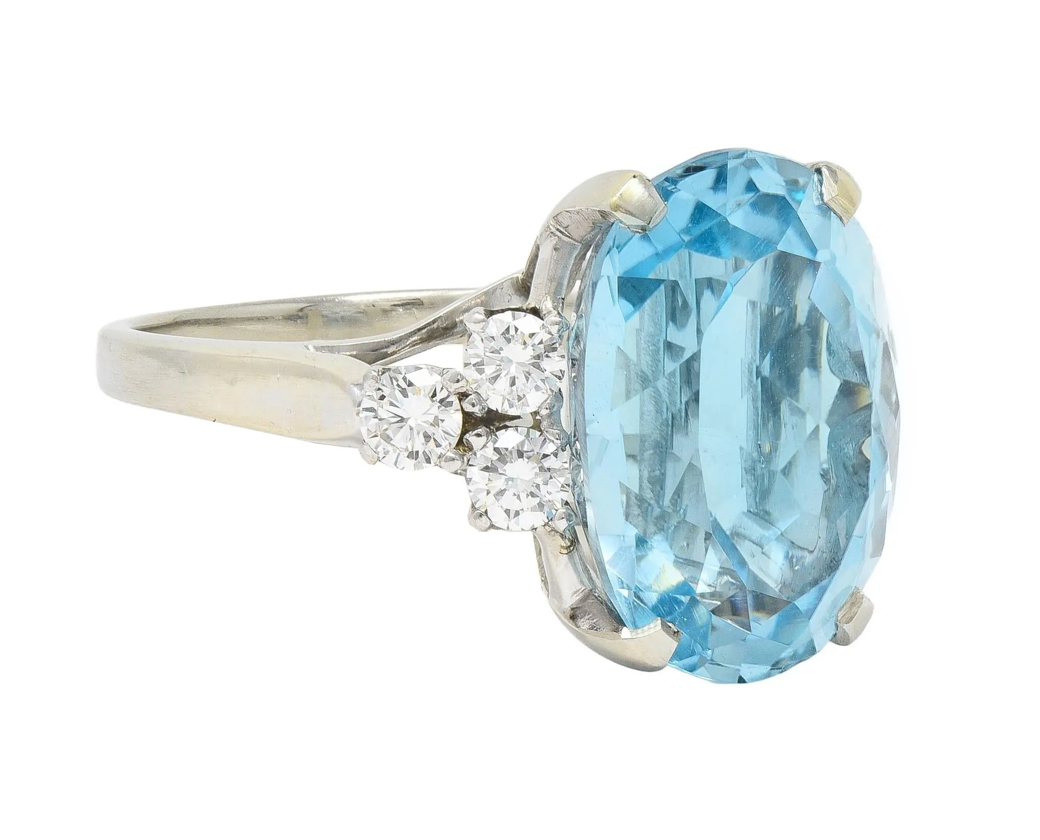 Mid-Century 10.59 CTW Aquamarine Diamond 14 Karat White Gold Vintage Cocktail Ring