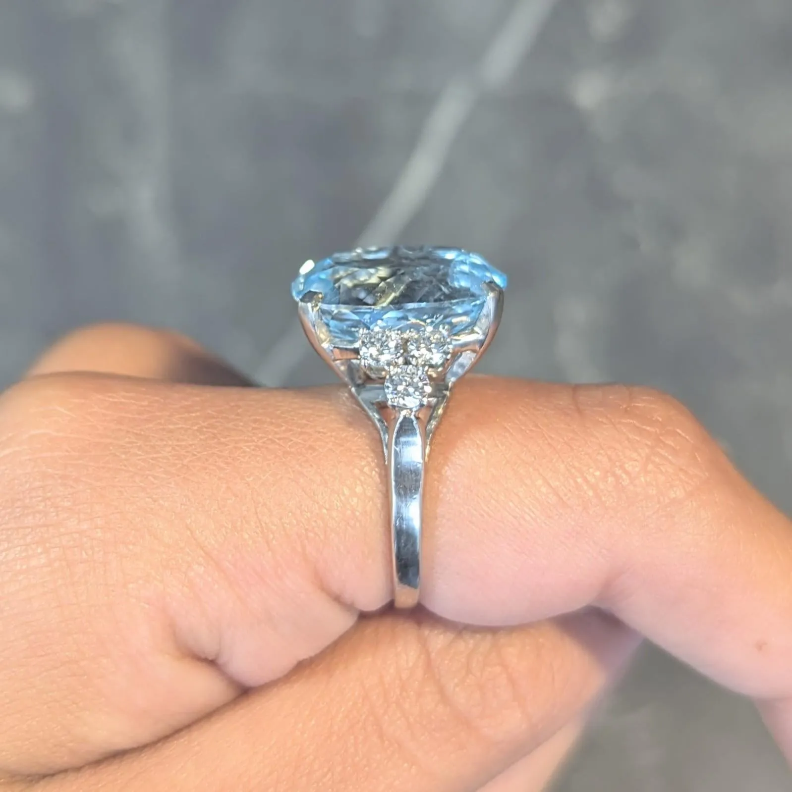 Mid-Century 10.59 CTW Aquamarine Diamond 14 Karat White Gold Vintage Cocktail Ring