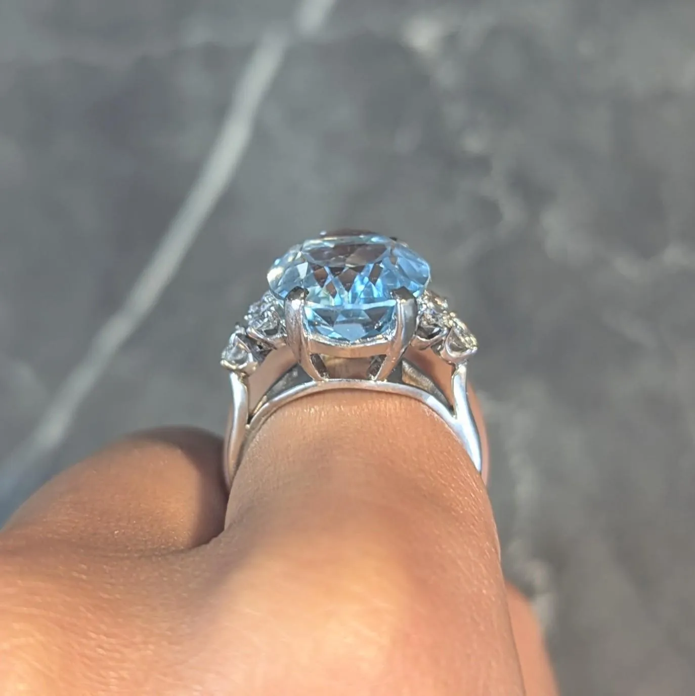 Mid-Century 10.59 CTW Aquamarine Diamond 14 Karat White Gold Vintage Cocktail Ring