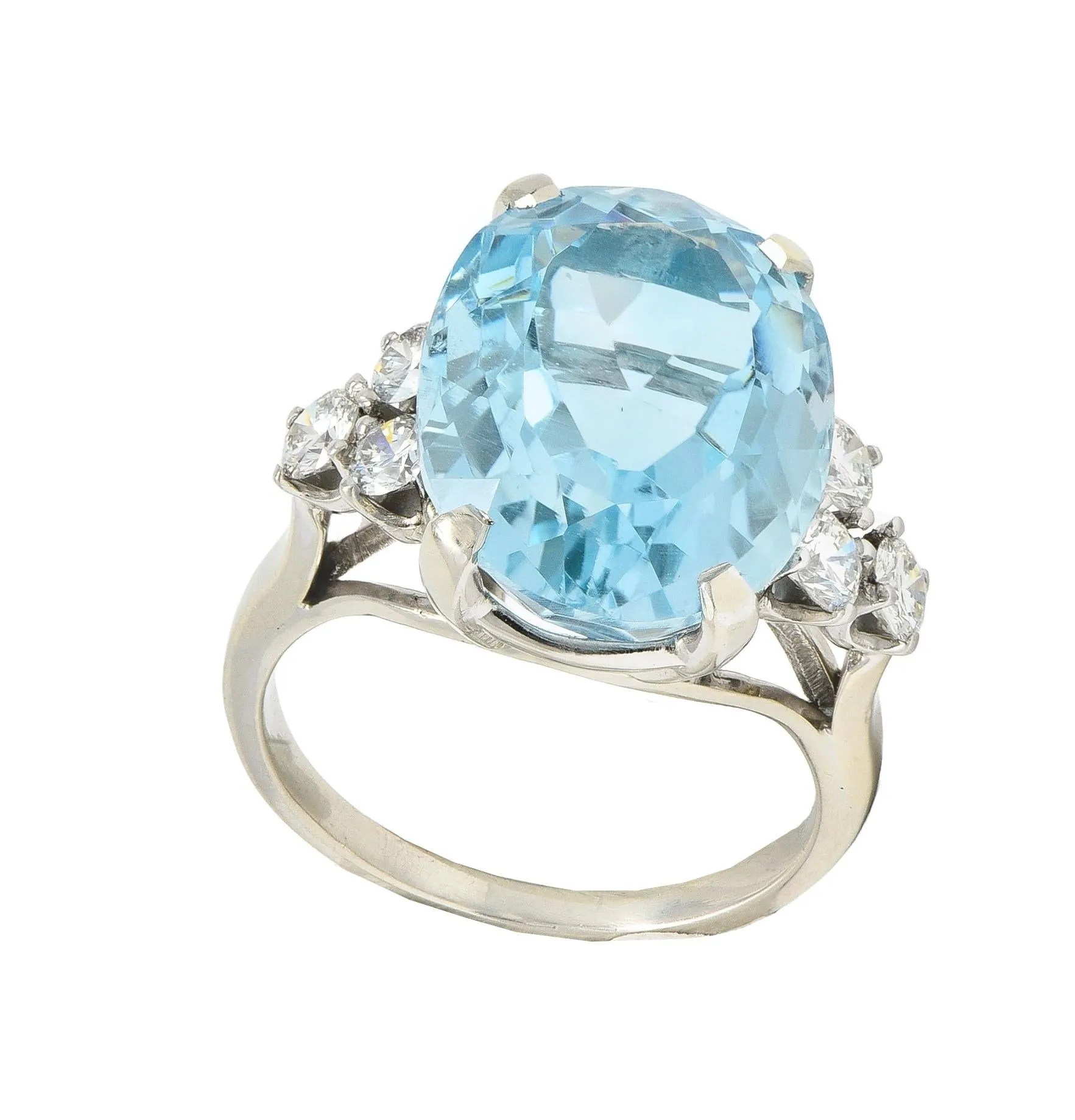 Mid-Century 10.59 CTW Aquamarine Diamond 14 Karat White Gold Vintage Cocktail Ring