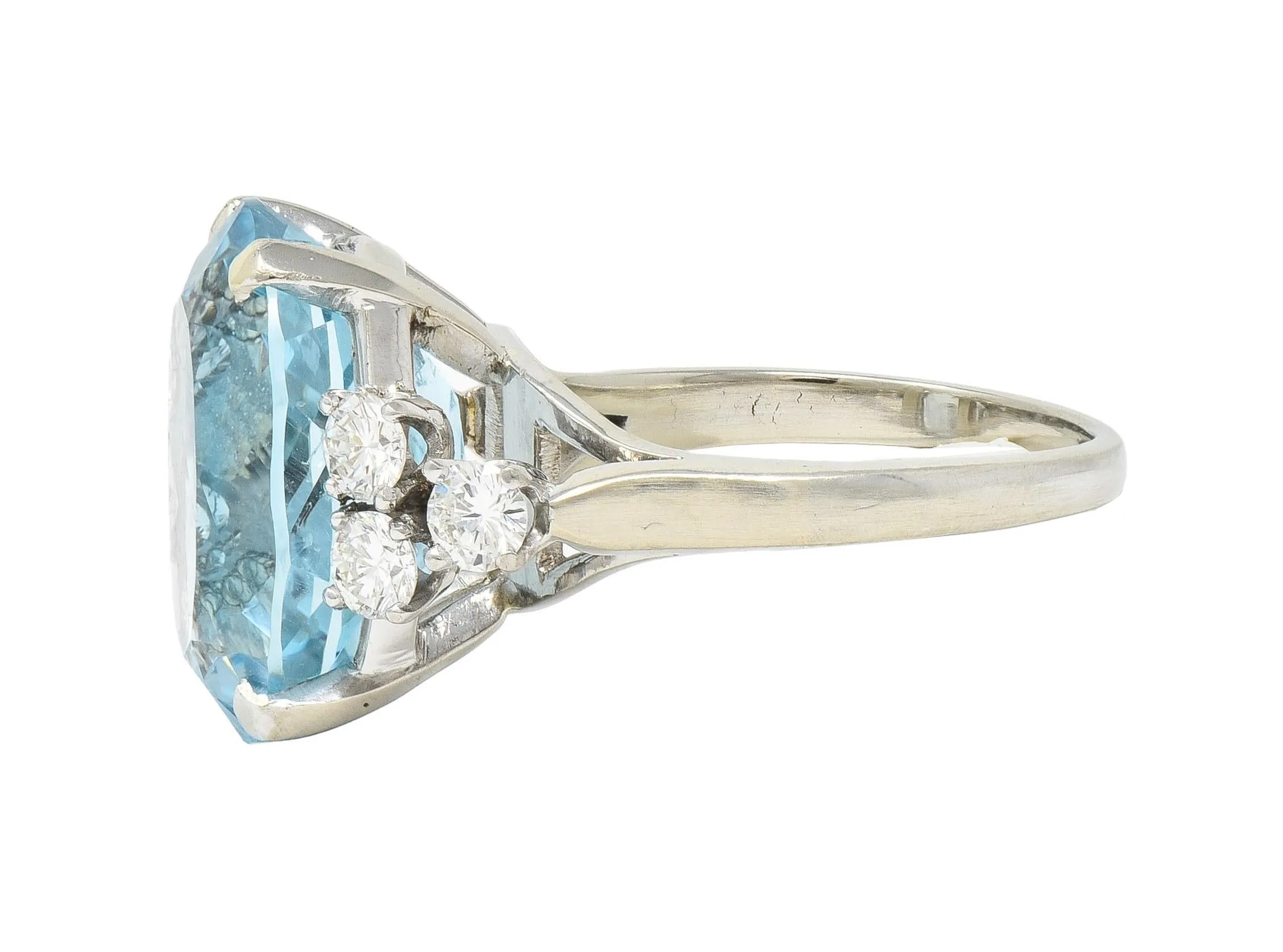 Mid-Century 10.59 CTW Aquamarine Diamond 14 Karat White Gold Vintage Cocktail Ring