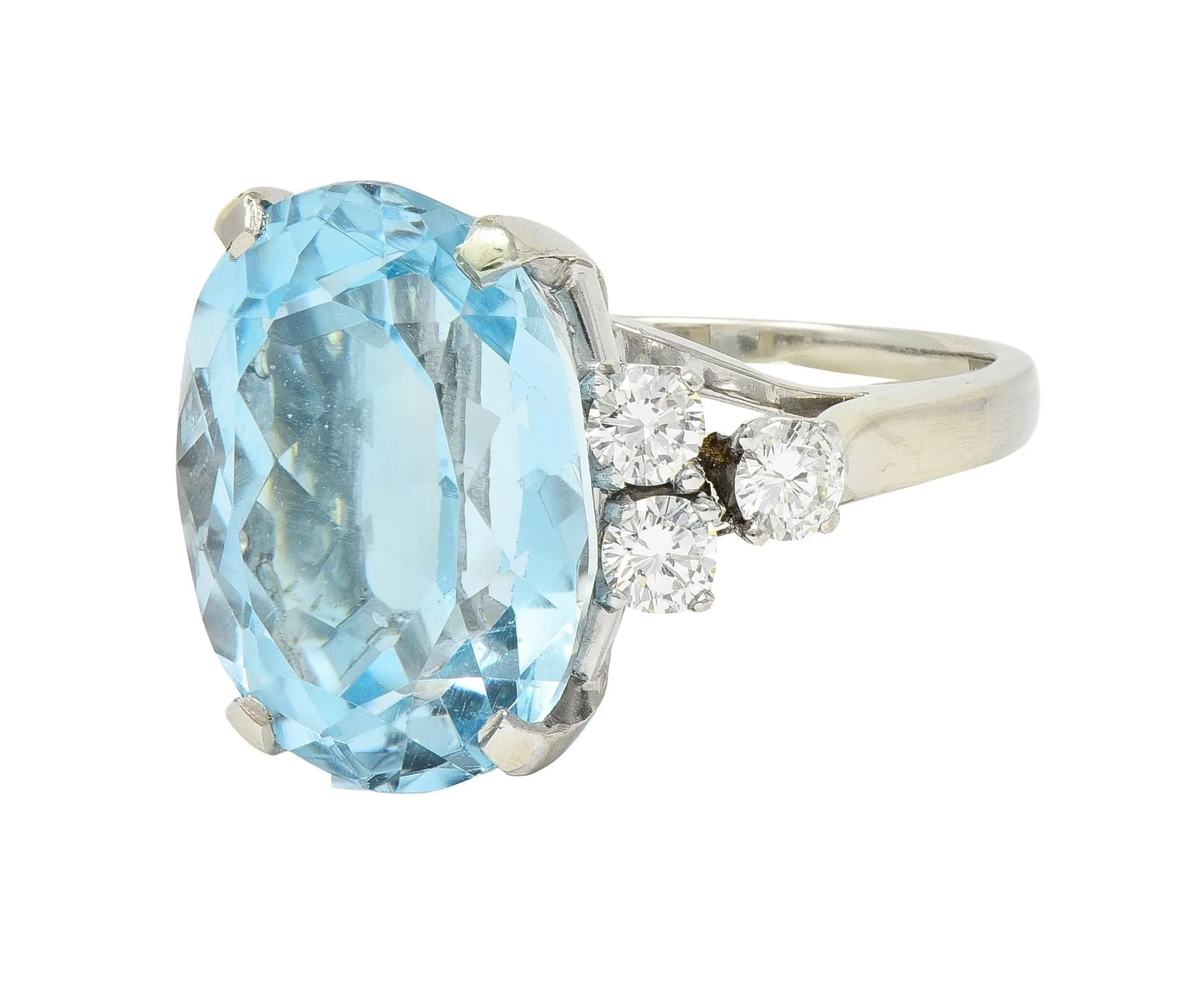 Mid-Century 10.59 CTW Aquamarine Diamond 14 Karat White Gold Vintage Cocktail Ring