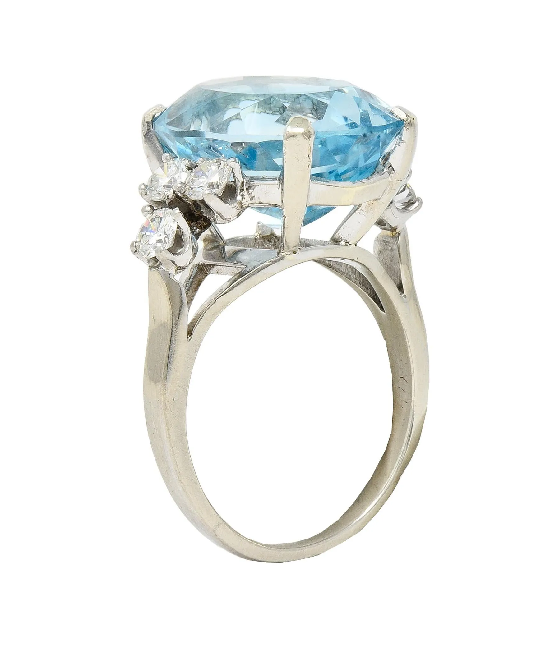 Mid-Century 10.59 CTW Aquamarine Diamond 14 Karat White Gold Vintage Cocktail Ring