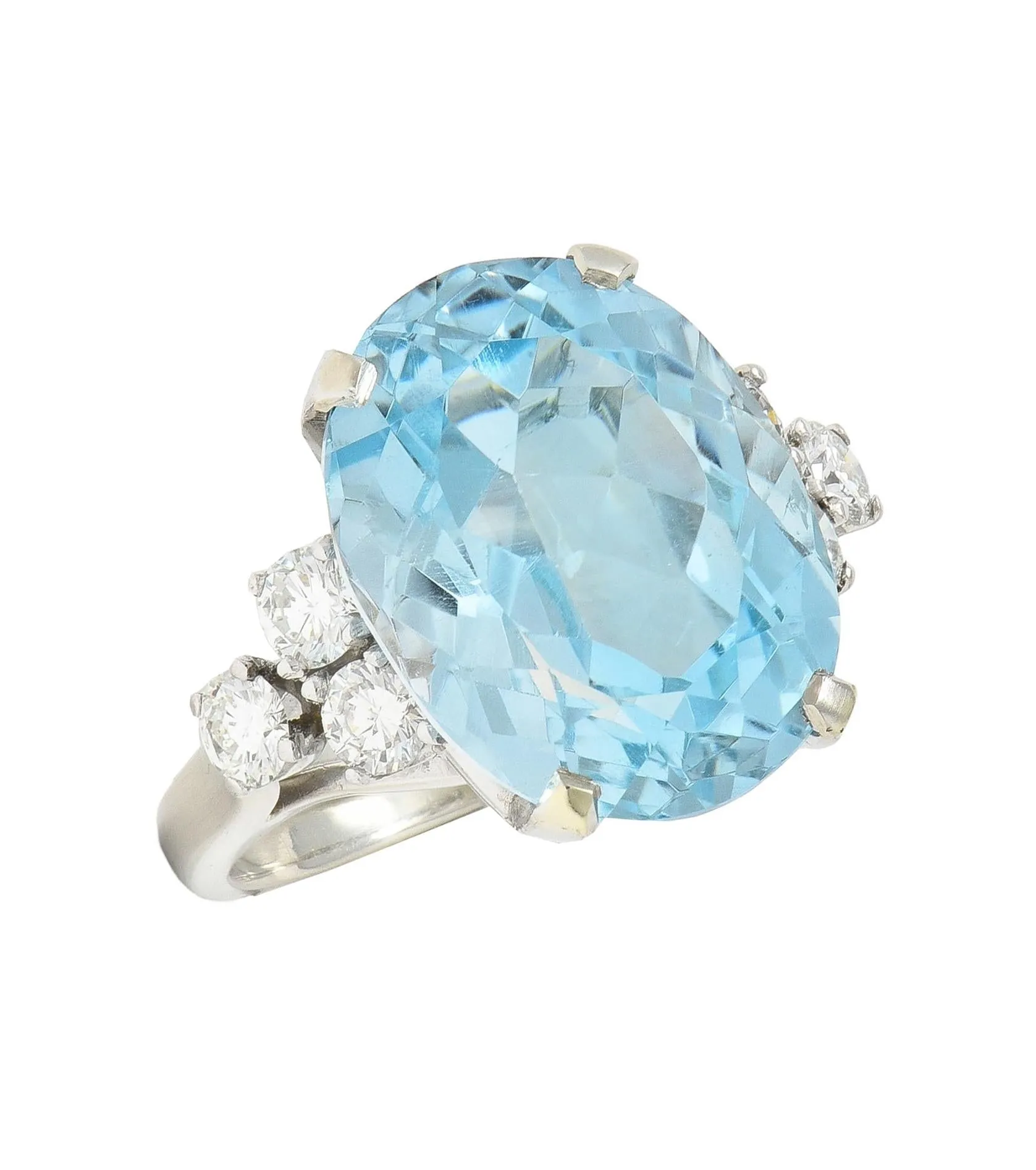 Mid-Century 10.59 CTW Aquamarine Diamond 14 Karat White Gold Vintage Cocktail Ring