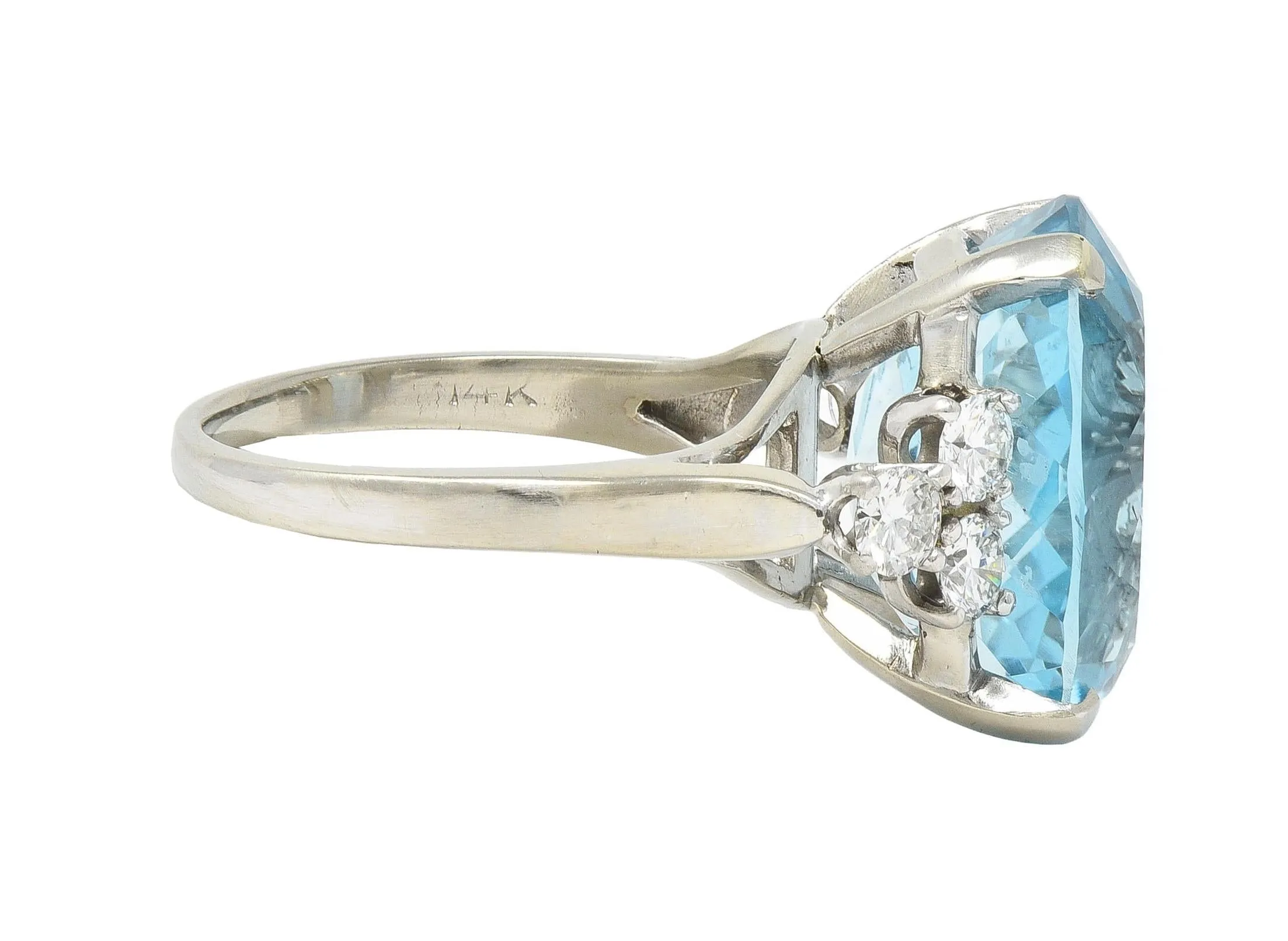 Mid-Century 10.59 CTW Aquamarine Diamond 14 Karat White Gold Vintage Cocktail Ring